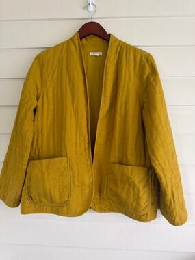 Eileen Fisher Quilted Jacket Linen Lyocell Muted Chartreuse Green Pockets L